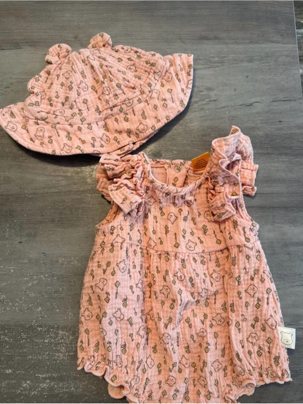 Disney Pink Floral Muslin Baby Romper with Matching Sun Hat
